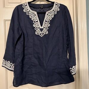 Talbots navy tunic with white embroidery, size S 100% linen